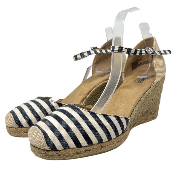 Bass Womens 10 Emelia Blue White Striped Wedge Espadrilles Slingback Heels - Picture 3 of 14